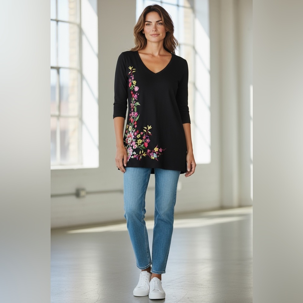 JW Johnny Was size S Black floral embroidered roll tab tunic top